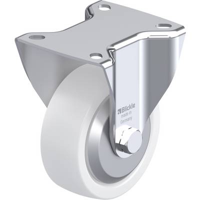 Een zilveren stuurwiel met een wit wiel, bovenaan een metalen plaat met vier schroefgaten, geschikt voor meubilair in industriële toepassingen.