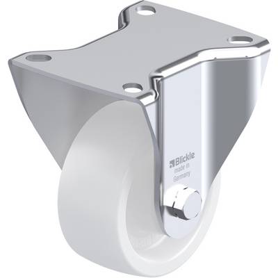 Een wit loopwiel met een zilveren metalen bevestiging, gemarkeerd met 'Blickle made in Germany' op de bevestiging.