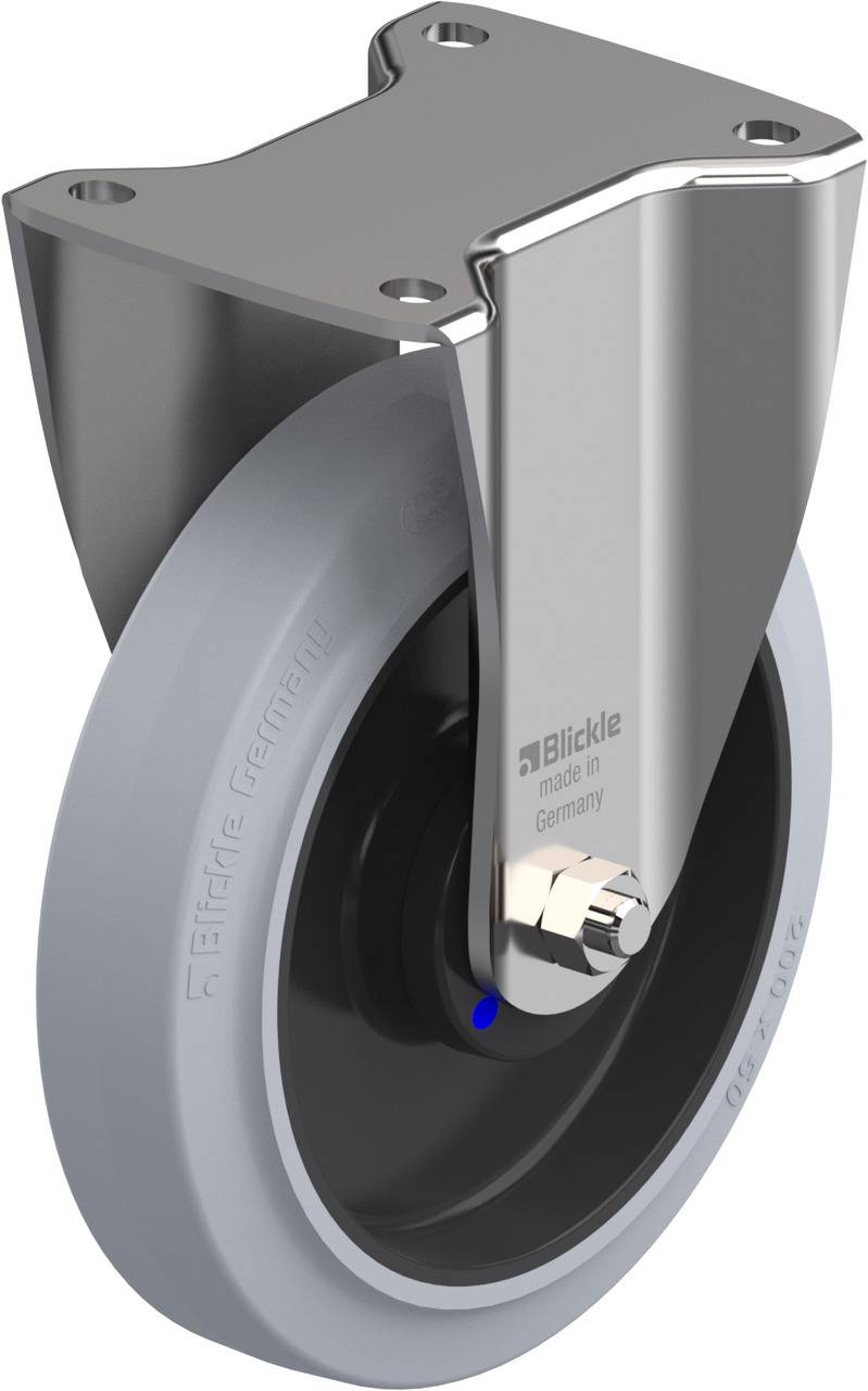 Metalen draaibare wiel met een grijs massief rubberen loopvlak, gemonteerd op een metalen steun, geschikt voor zware belastingstoepassingen.