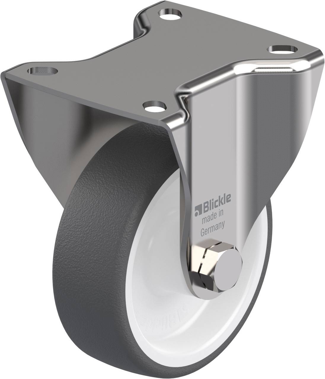Metalen wielbehuizing met draaibaar wiel, grijs-wit, met opschrift 'Blickle made in Germany' aan de zijkant.