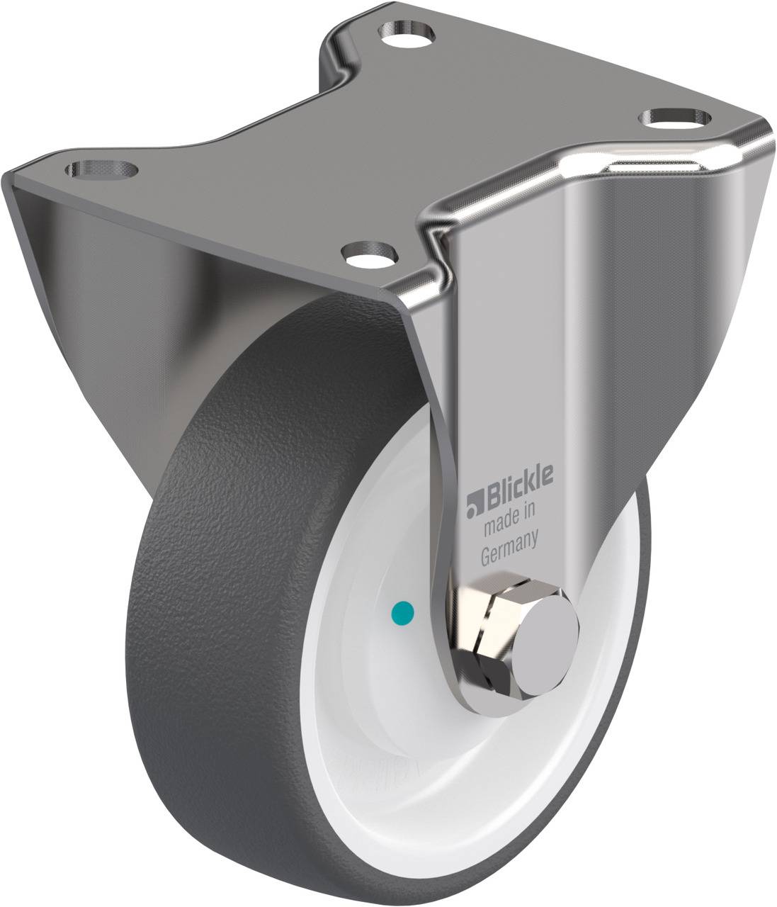 Metalen rol met een grijs wiel en een witte kern, gemonteerd op een beugel met vier gaten. Markering 'Blickle made in Germany'.