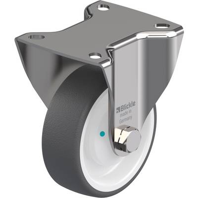 Metalen rol met een grijs wiel en een witte kern, gemonteerd op een beugel met vier gaten. Markering 'Blickle made in Germany'.