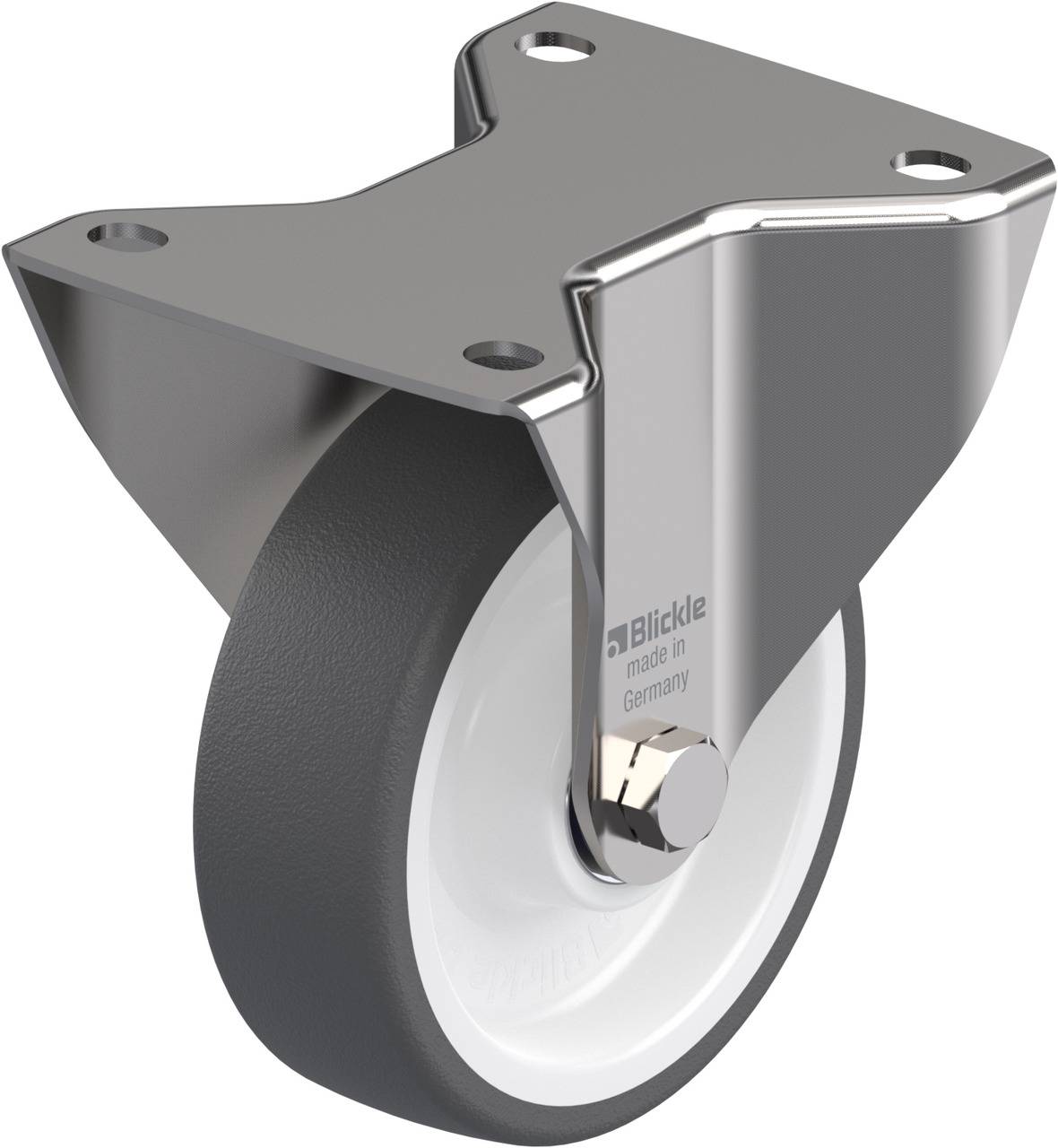 Metalen rol met grijs wiel en montageplaat, geschikt voor zware lasten. Opdruk 'Blickle, made in Germany'.