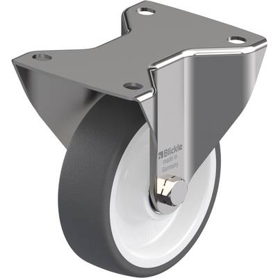 Metalen rol met grijs wiel en montageplaat, geschikt voor zware lasten. Opdruk 'Blickle, made in Germany'.