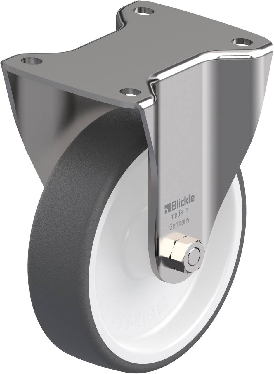 Zwenkwiel met een grijs rubberen wiel, gemonteerd op een zilveren metalen plaat. De merknaam 'Blickle' en 'made in Germany' zijn zichtbaar.