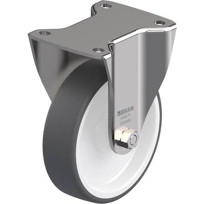 Zwenkwiel met een grijs rubberen wiel, gemonteerd op een zilveren metalen plaat. De merknaam 'Blickle' en 'made in Germany' zijn zichtbaar.