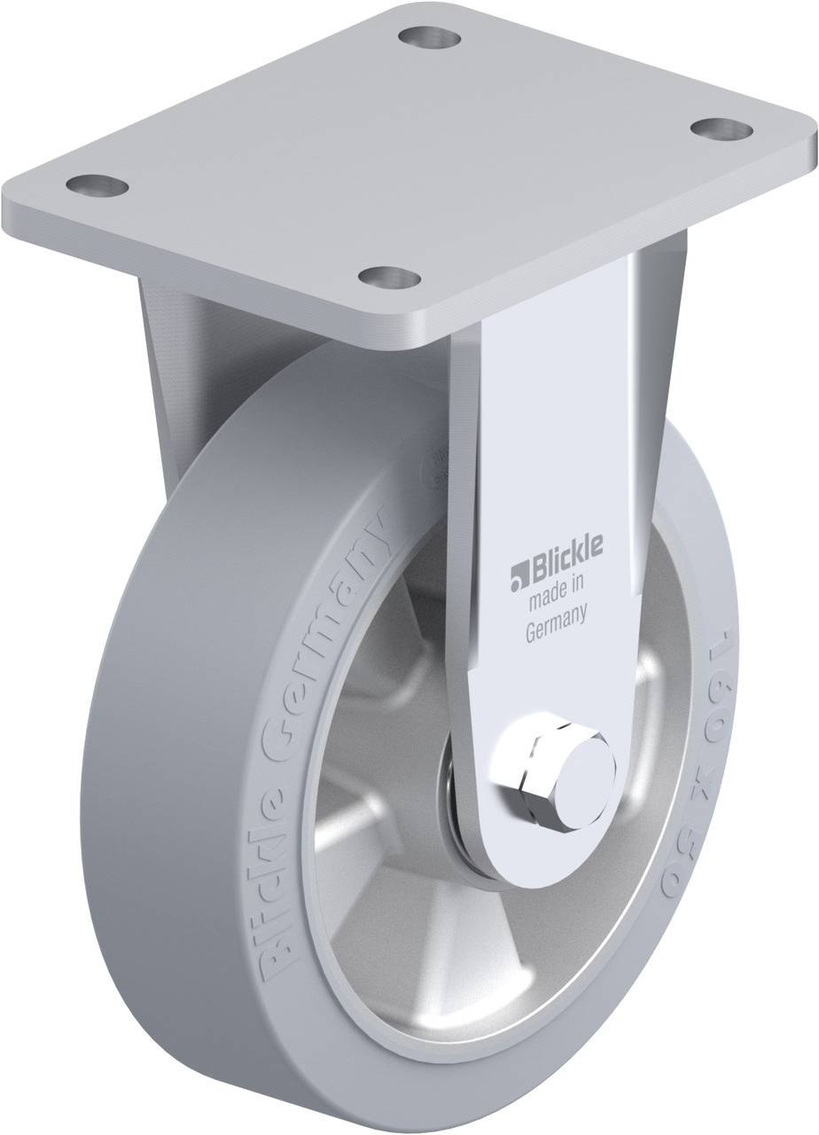 Grijze rollager met rechthoekige metalen bevestiging, geschikt voor industriële toepassingen. Opschrift 'Blickle made in Germany'.