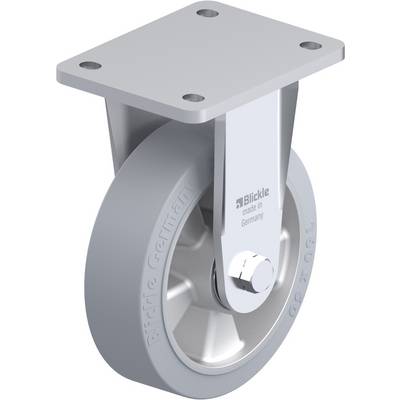 Grijze rollager met rechthoekige metalen bevestiging, geschikt voor industriële toepassingen. Opschrift 'Blickle made in Germany'.