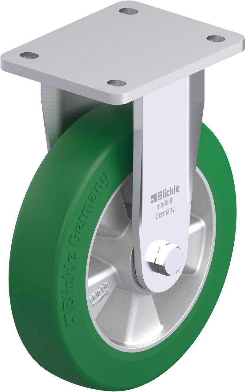 Wiel met groen wiel en zilveren behuizing, gemarkeerd met 'Blickle made in Germany', geschikt voor trolleys of meubels.