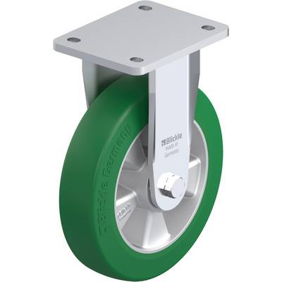 Wiel met groen wiel en zilveren behuizing, gemarkeerd met 'Blickle made in Germany', geschikt voor trolleys of meubels.
