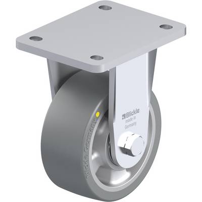 Industriële zwenkwiel van metaal en kunststof, met montageplaat aan de bovenzijde. Geschikt voor de verplaatsing van machines of meubilair.