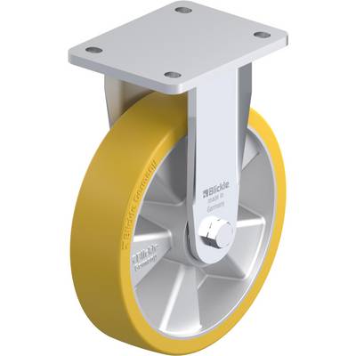 Een zilveren wiel met gele rubberbekleding en een vierkante bevestigingsplaat, geschikt voor montage op voertuigen of karren.