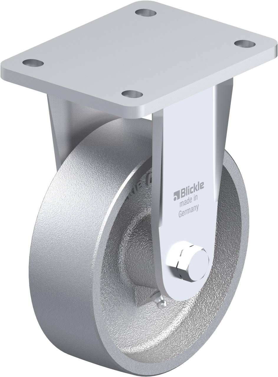 Metalen rol met houder, glad glanzend, opschrift 'Blickle made in Germany', geschikt voor industriële toepassingen.
