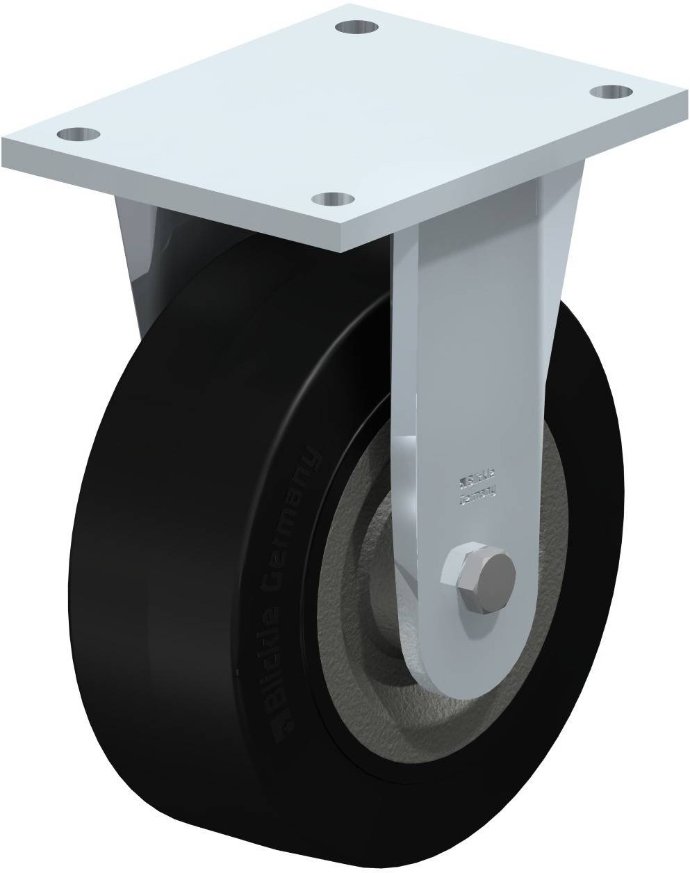 Industriële zwenkwiel met zwart wiel en witte beugel op een metalen drager, geschikt voor zware lasten.