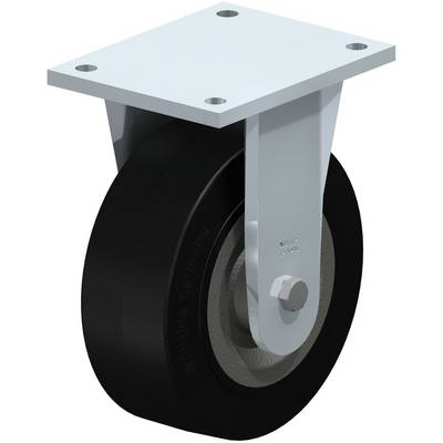 Industriële zwenkwiel met zwart wiel en witte beugel op een metalen drager, geschikt voor zware lasten.