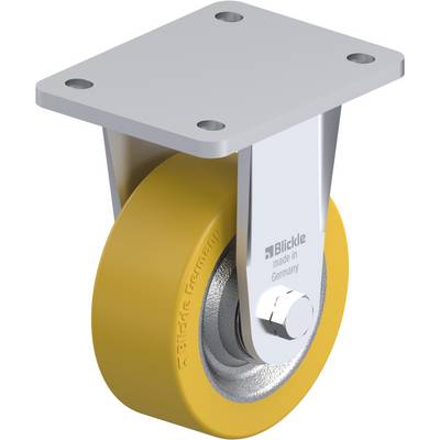 Zwenkwiel met geel wiel en metalen bevestiging; markering 'Blickle made in Germany' zichtbaar.