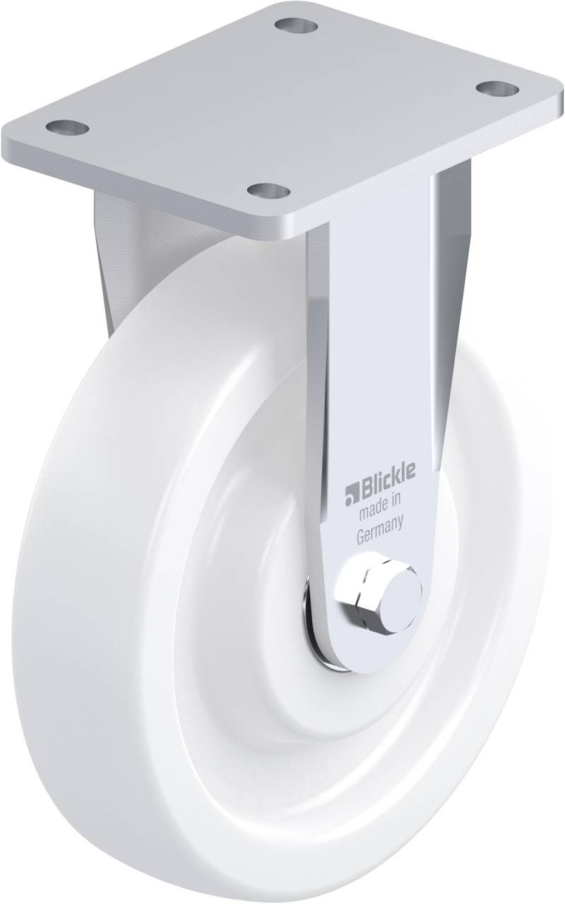 Witte rol met metalen bevestiging, vier boorgaten in de bovenplaat, opschrift 'Blickle made in Germany' op de bevestiging.