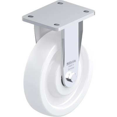Witte rol met metalen bevestiging, vier boorgaten in de bovenplaat, opschrift 'Blickle made in Germany' op de bevestiging.