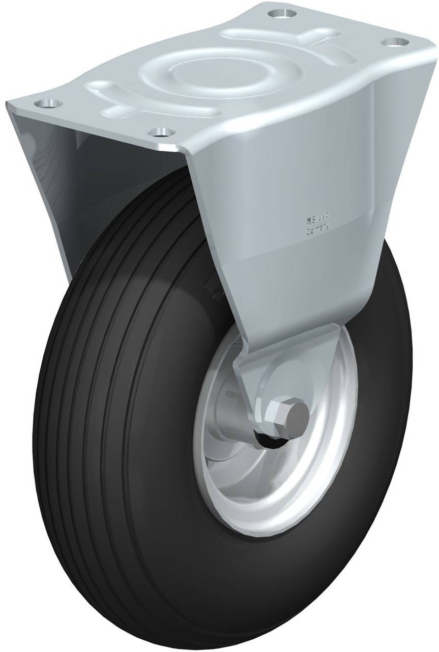 Zwart industrieel rubberen zwenkwiel met zilveren metalen behuizing, geschikt voor zware lasten en flexibele mobiliteit.