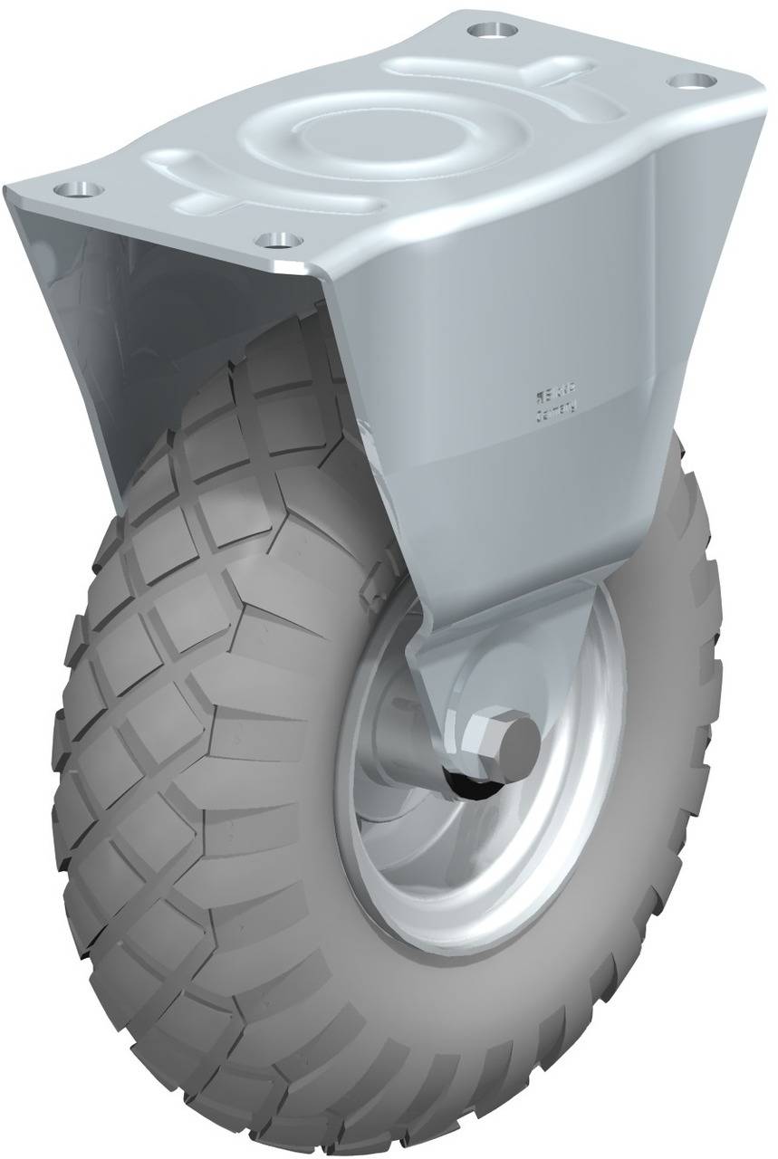 Industriële zware transportwiel met een grijze, robuuste band, geschikt voor het vervoer van zware ladingen op oneffen oppervlakken.