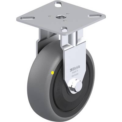 Een draaibare zwenkwiel met grijze rubberen loopvlak en metalen bevestiging, geproduceerd door Blickle, vervaardigd in Duitsland.