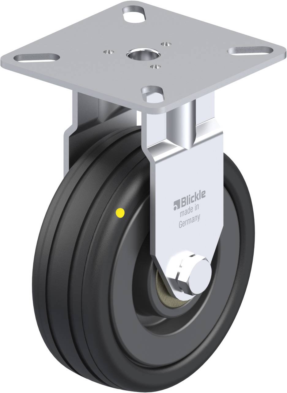 Industriële stuurwiel met grijze montageplaat en zwart wiel, gemarkeerd met logo 'Blickle, made in Germany'.