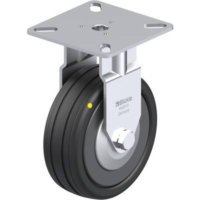 Grijze stuurwiel met zwart wiel en metalen bevestiging. Opschrift 'Blickle made in Germany'.