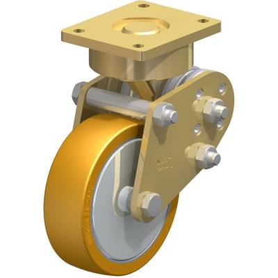 Een industrieel wiel met een metalen bevestigingsplaat en as, in goudkleur, toont technische kenmerken zoals bouten en moer.
