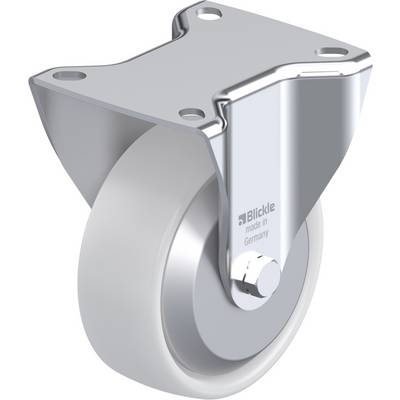 Metalen zwenkwiel met kunststof loopvlak, geschikt voor transportkarren. Merklogo zichtbaar op het metaal.