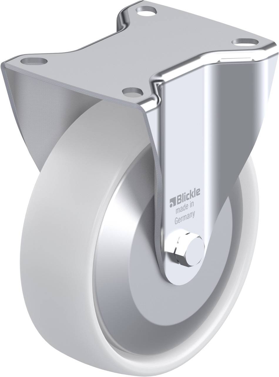 Metalen rol met grijs wiel en bevestigingsplaat van staal. Opschrift: 'Blickle made in Germany'.