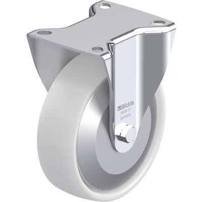 Metalen rol met grijs wiel en bevestigingsplaat van staal. Opschrift: 'Blickle made in Germany'.