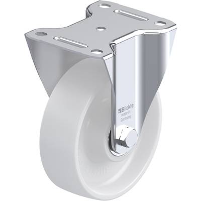 Metalen rol met wit wiel, bevestigd aan een glanzende metalen steun. Gemarkeerd met 'Blickle' en 'Made in Germany'.