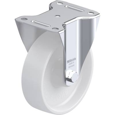 Metalen wiel beugel met wit wiel, gemarkeerd met 'Blickle, made in Germany'. Geschikt voor zware lasten in industriële toepassingen.