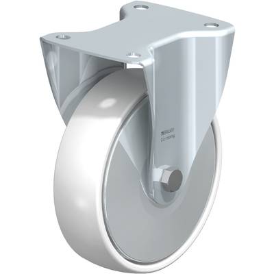 Industrieel wiel met grijs metalen behuizing en wit kunststof loopvlak, geschikt voor zware belastingen en veelzijdige toepassingen.