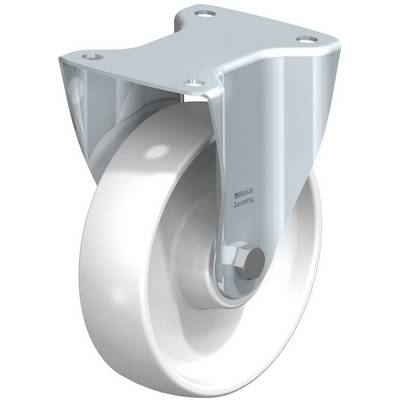 Industriële stuurwiel met metalen behuizing en wit wiel. Geschikt voor zware lasten en veelzijdig gebruik in industriële omgevingen.