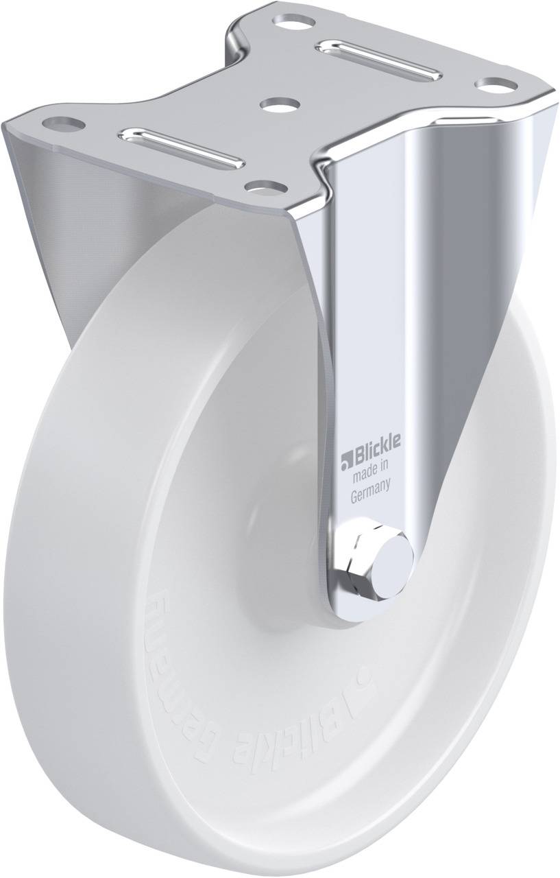 Een enkele zware transportwiel met een zilverkleurige behuizing en een wit wiel, ontworpen voor hoge dragingscapaciteit en stabiliteit.