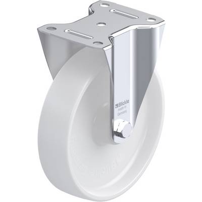 Een enkele zware transportwiel met een zilverkleurige behuizing en een wit wiel, ontworpen voor hoge dragingscapaciteit en stabiliteit.