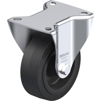 Zwenkwiel met zwart wiel en zilveren metalen bevestiging, gemarkeerd met 'Blickle made in Germany'. Ideaal voor meubels of industrieel gebruik.