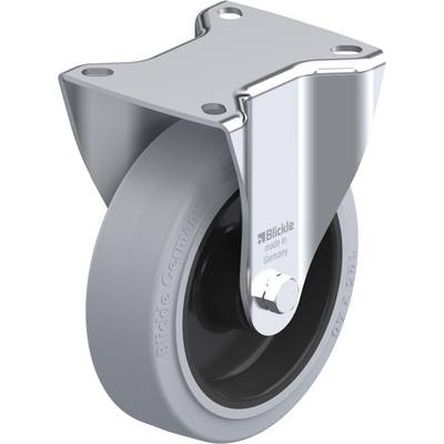 Grijs wiel met metalen bevestiging. Opschrift 'Blickle made in Germany'. Geschikt voor meubels of apparaten om licht te verplaatsen.
