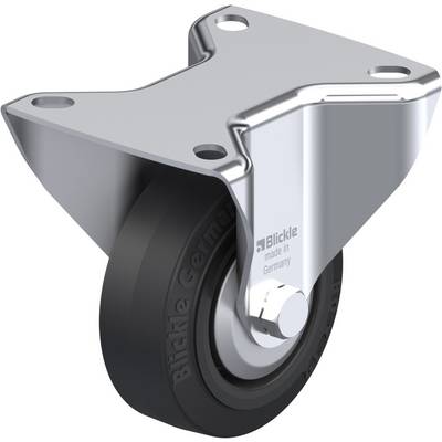 Een zwart wiel met een glanzende metalen bevestiging, voorzien van de tekst 'Blickle made in Germany', geschikt voor meubels of apparaten.