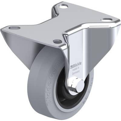 Metalen wiel met grijs rubberen loopvlak en bevestigingsplaat. Geschikt voor industriële toepassingen. Gemarkeerd met 'Blickle made in Germany'.