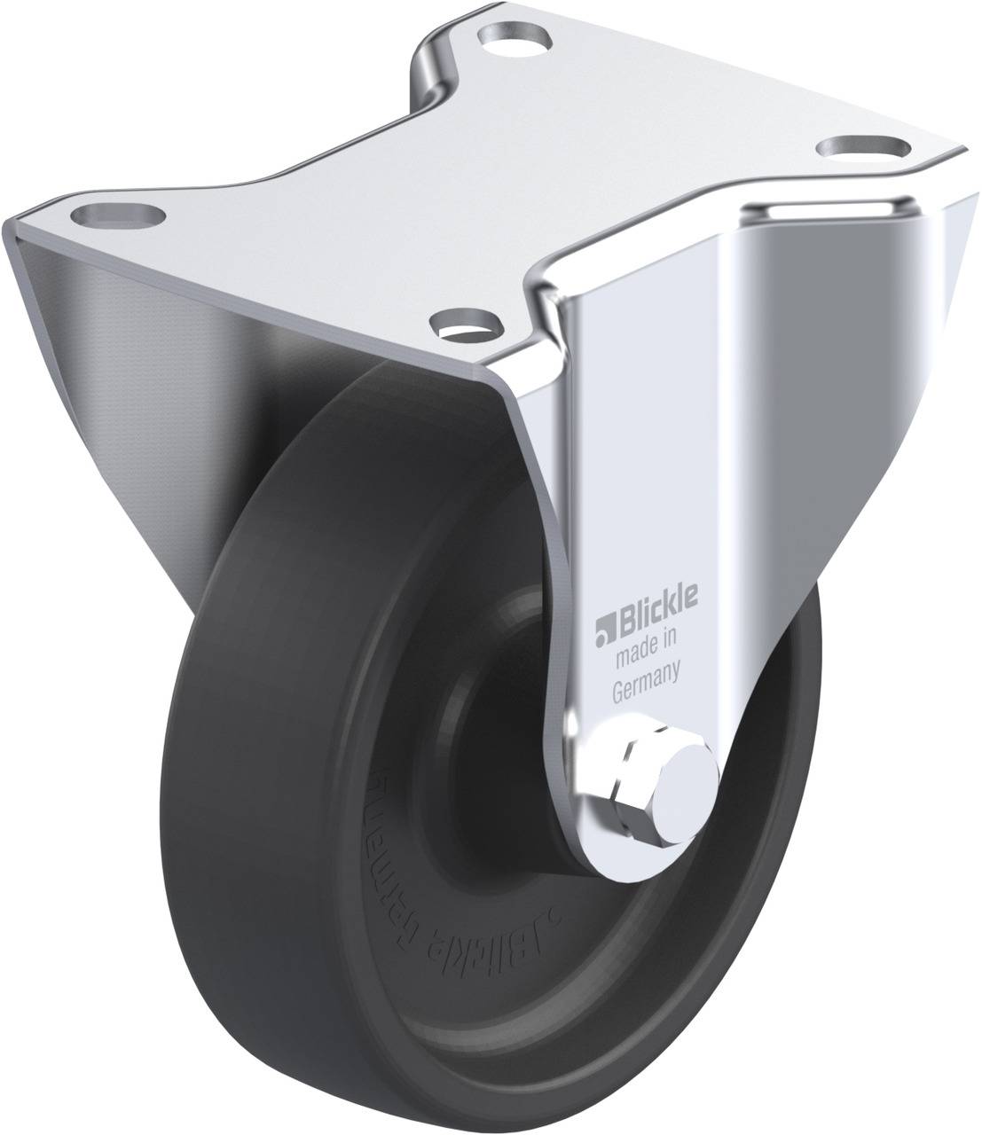 Zwenkwiel met zwart wiel en metalen bevestiging, merk 'Blickle', vervaardigd in Duitsland.