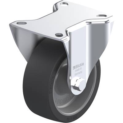 Zwenkwiel met metalen beugel en zwart wiel. Op de beugel staat 'Blickle made in Germany'. Geschikt voor meubels of transportkarren.