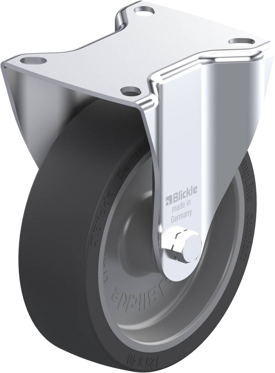 Zwenkwiel met metalen bevestiging en rubberen loopvlak. Bovenzijde zilver glanzend, wiel zwart. Geschikt voor industriële toepassingen.