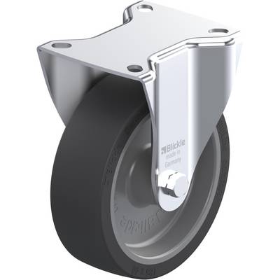 Zwenkwiel met metalen bevestiging en rubberen loopvlak. Bovenzijde zilver glanzend, wiel zwart. Geschikt voor industriële toepassingen.