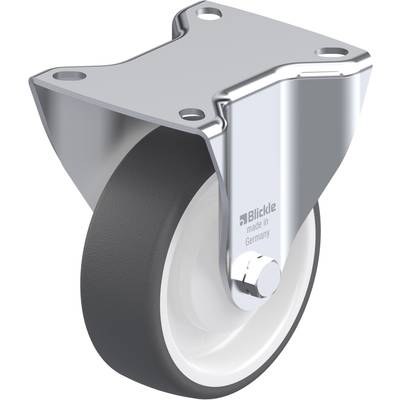 Grijs-zwarte zwenkwiel met een vast metalen behuizing, 'Blickle Germany' logo aan de zijkant.