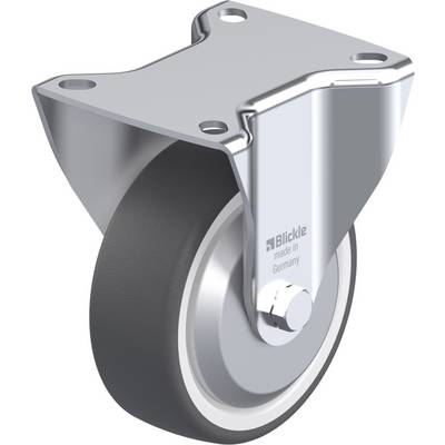 Industriële zware metalen zwenkwiel met zwart wiel, gemerkt met 'Blickle made in Germany', gebruikt voor meubels of apparaten.