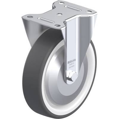 Metalen rol met bevestigde steun en zwart wiel. Op de steun staat 'Blickle, made in Germany'.