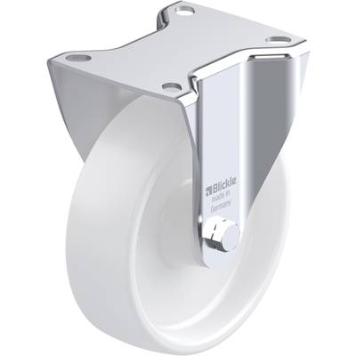 Een witte zwenkwiel met een zilveren metalen houder, geschikt voor meubels of transportapparatuur, met het opschrift 'Blickle made in Germany'.