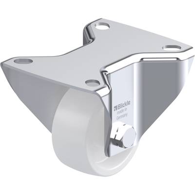 'Een metalen zwenkwielbevestiging met een wit wiel. Opschrift: Blickle, Made in Germany. Twee bevestigingsgaten zichtbaar.'